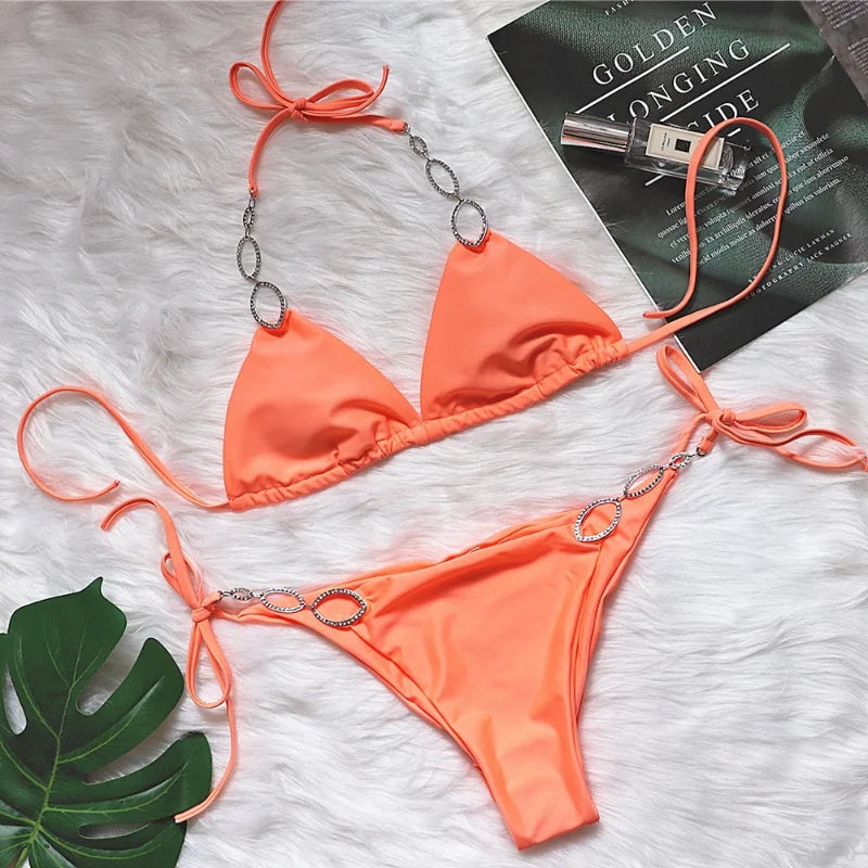 Solid Halter Bikini Set With Metal Detail Swimwear