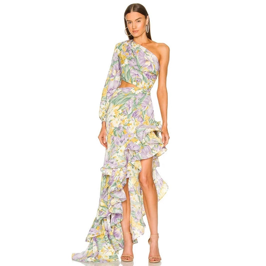 Designer Floral Dress Sexy Slanted One Shoulder Female Slim Waist Cut Out Lotus Leaf Irregular Ruffle Long Dress