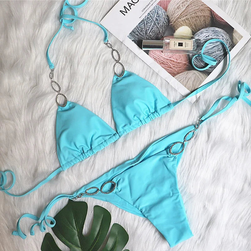 Solid Halter Bikini Set With Metal Detail Swimwear