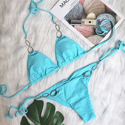 Solid Halter Bikini Set With Metal Detail Swimwear