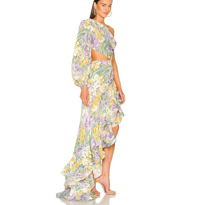 Designer Floral Dress Sexy Slanted One Shoulder Female Slim Waist Cut Out Lotus Leaf Irregular Ruffle Long Dress