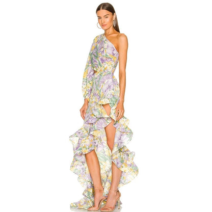 Designer Floral Dress Sexy Slanted One Shoulder Female Slim Waist Cut Out Lotus Leaf Irregular Ruffle Long Dress