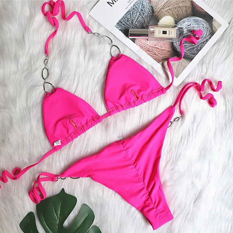 Solid Halter Bikini Set With Metal Detail Swimwear