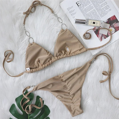 Solid Halter Bikini Set With Metal Detail Swimwear