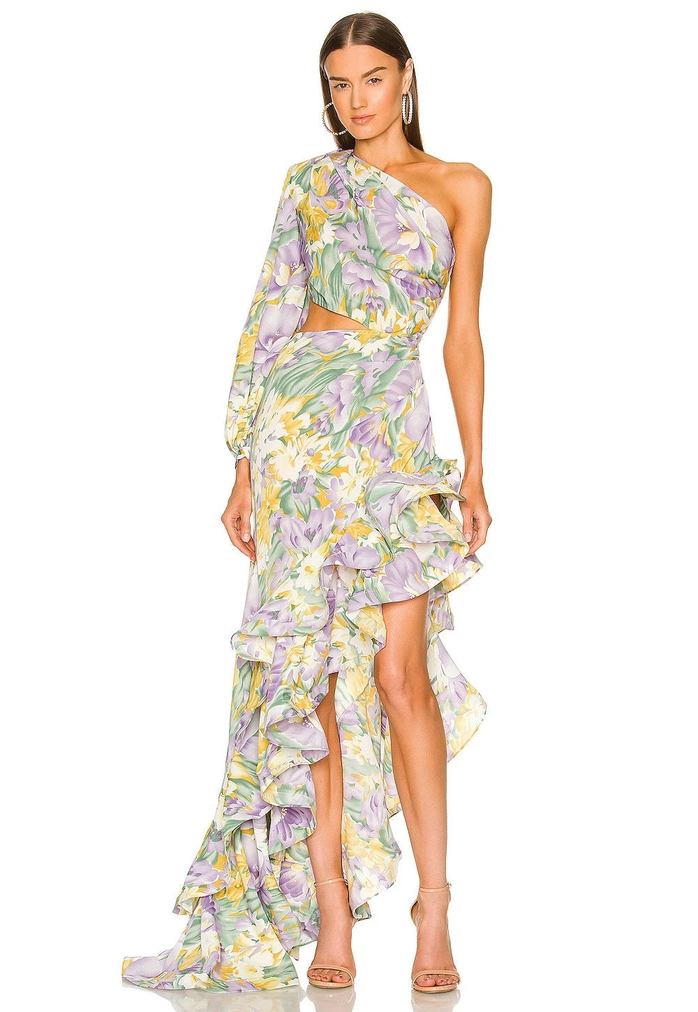Designer Floral Dress Sexy Slanted One Shoulder Female Slim Waist Cut Out Lotus Leaf Irregular Ruffle Long Dress