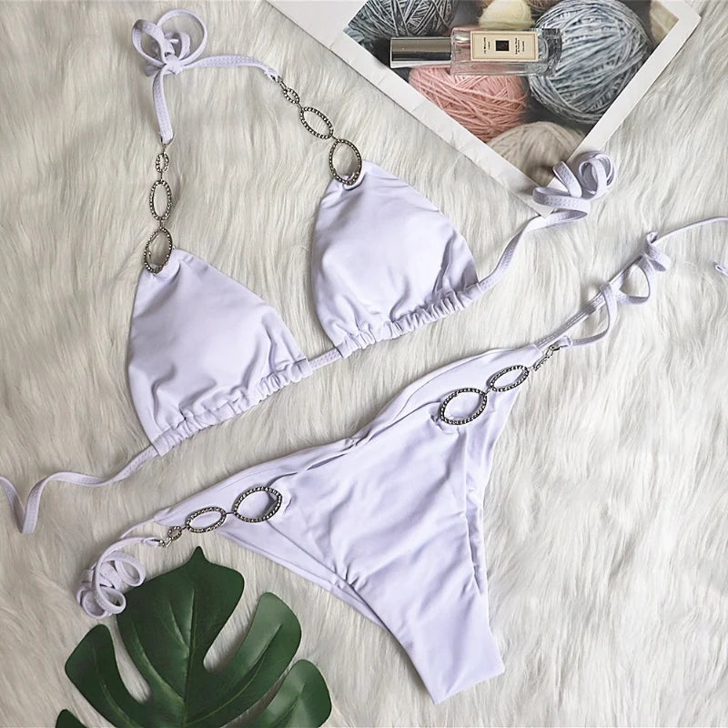 Solid Halter Bikini Set With Metal Detail Swimwear