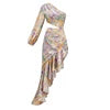 Designer Floral Dress Sexy Slanted One Shoulder Female Slim Waist Cut Out Lotus Leaf Irregular Ruffle Long Dress