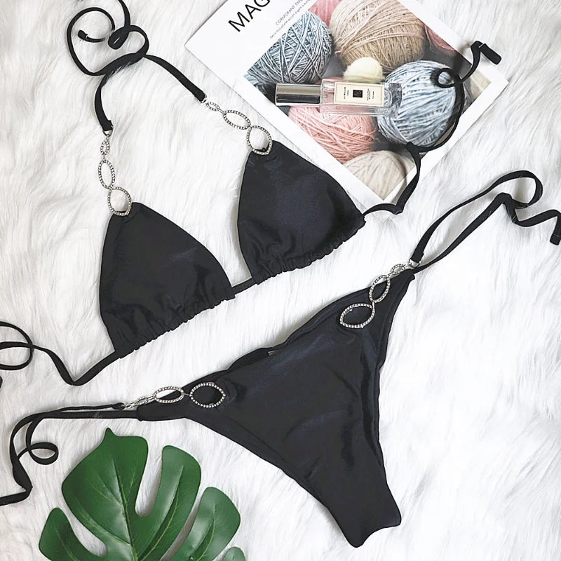 Solid Halter Bikini Set With Metal Detail Swimwear
