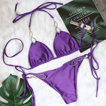 Solid Halter Bikini Set With Metal Detail Swimwear