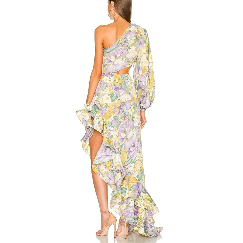 Designer Floral Dress Sexy Slanted One Shoulder Female Slim Waist Cut Out Lotus Leaf Irregular Ruffle Long Dress