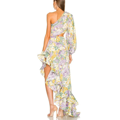 Designer Floral Dress Sexy Slanted One Shoulder Female Slim Waist Cut Out Lotus Leaf Irregular Ruffle Long Dress
